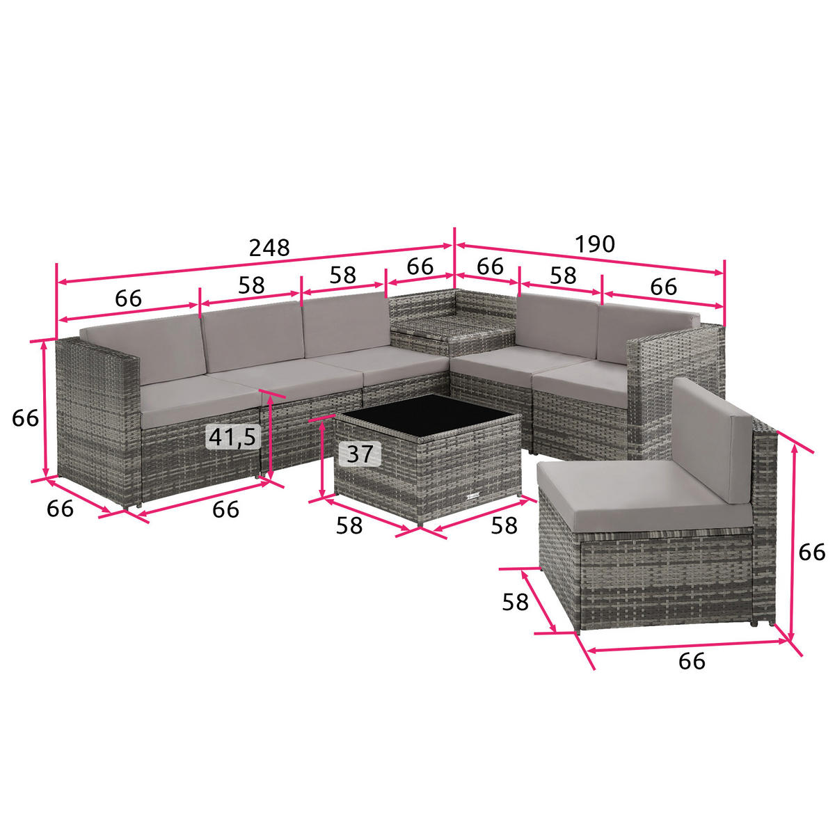 RATTANLOUNGE Verona, mit Sicherheitsglasplatte, grau - Grau, Kunststoff - tectake