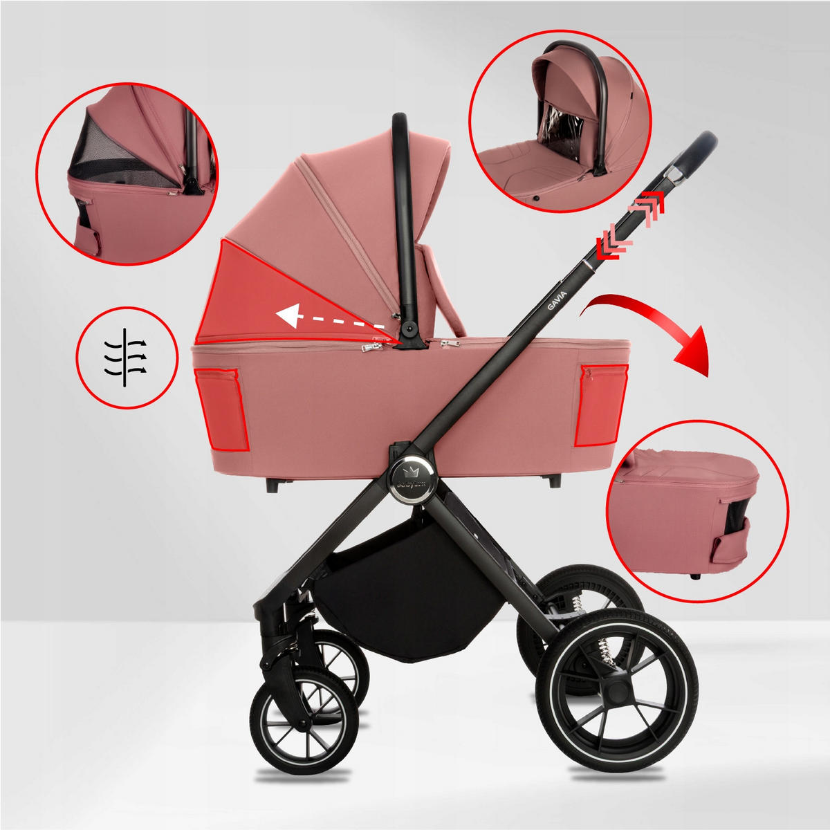 KINDERWAGEN Gavia 4in1 Olive Babywanne, Reisebuggy, Autositz, Isofix Basis - Schwarz/Rosa, Textil/Metall (58/98cm) - BabyLux