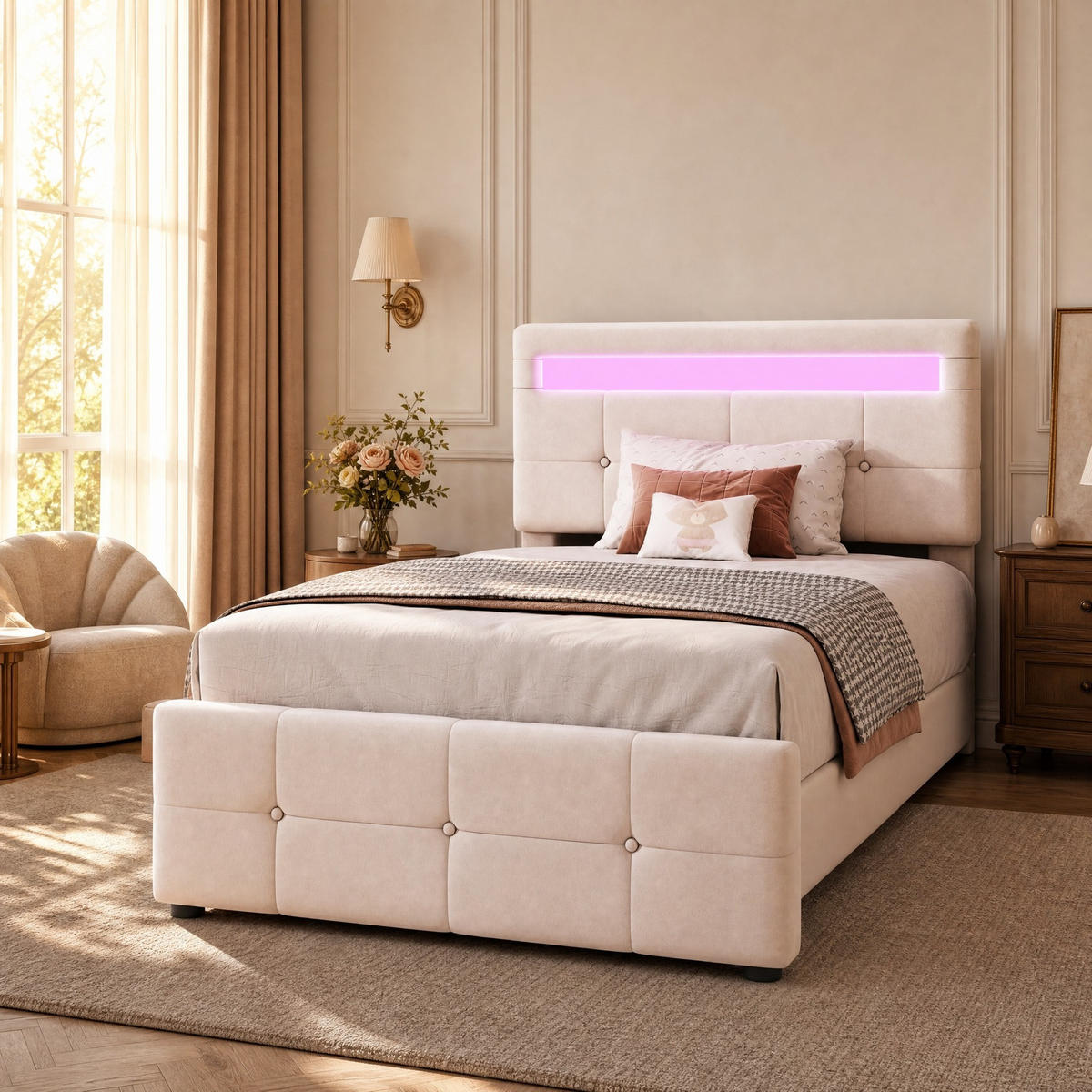 KINDERBETT 90/200 mit Bettkasten, LED, höhenverstellbarem Kopfteil und Lattenrost in Beige - Beige, Holzwerkstoff/Textil (90/200cm) - EVRYAE