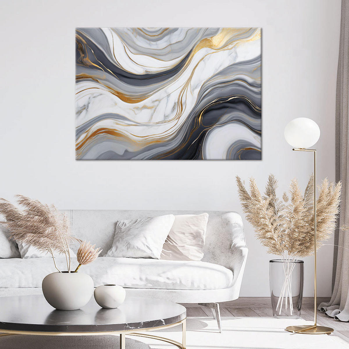 LEINWANDBILD Grauweißer Marmor mit Gold - Weiß, Textil (100/70cm) - Feeby
