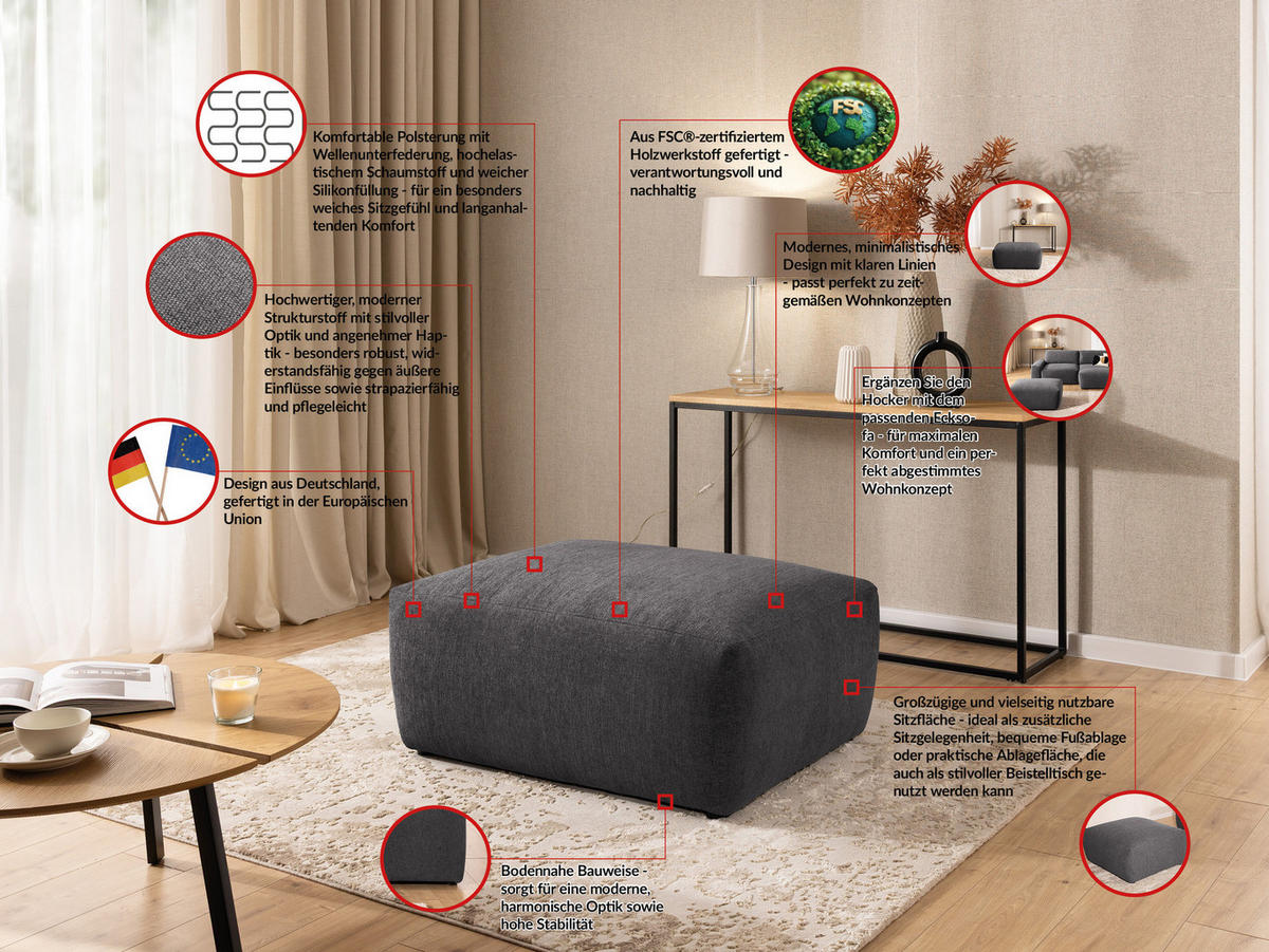 ECKSOFA inkl. Hocker Lennon aus Graphit Strukturstoff mit Schlaffunktion und Bettkasten - Graphitfarben/Schwarz, Holz/Kunststoff (137/264cm) - S-Style