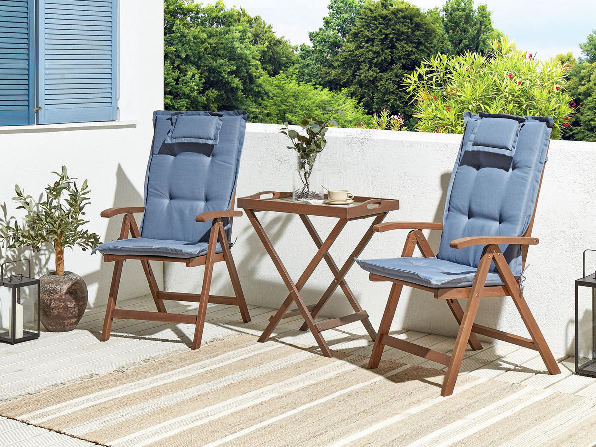 BALKONSET 2-Sitzer Akazienholz dunkelbraun verstellbar Auflagen blau Amantea - Blau/Dunkelbraun, Holz/Textil - Beliani