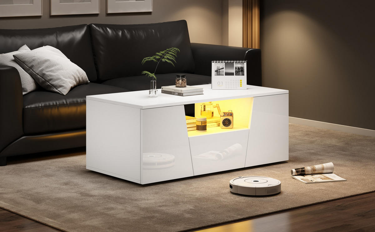 COUCHTISCH, Hochglanz Weiß, mit App-LED (USB) & Stauraum, 100/50/40 cm,Weiß - Weiß, Holzwerkstoff (100/50/40cm) - Redom