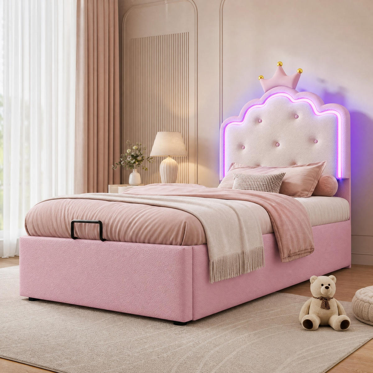 KINDERBETT 90/200 mit LED, hydraulischem Stauraum und Lattenrost aus PU in Rosa - Rosa, Holzwerkstoff/Textil (90/200cm) - EVRYAE