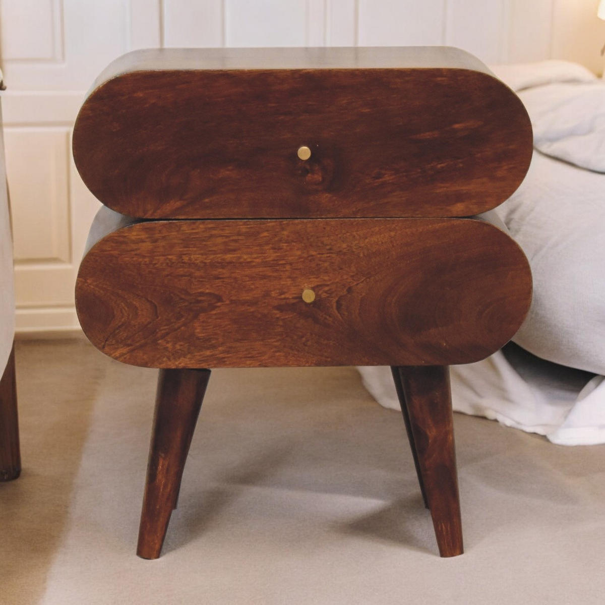 NACHTTISCH mit zwei Schubladen, nordischen Beinen, in Braun. - Messingfarben/Braun, Mangoholz/Holz (45/50/35cm) - Artisan Furniture