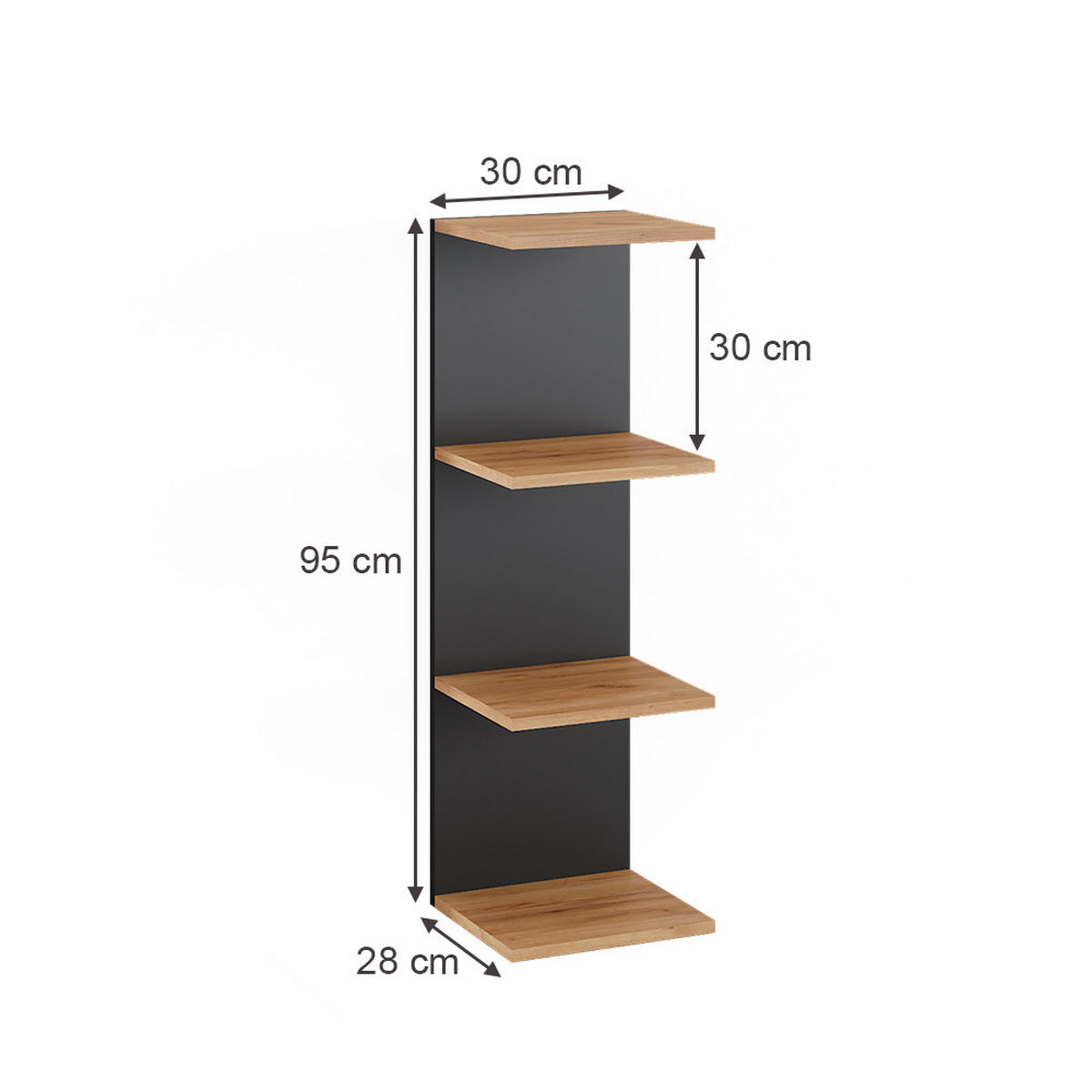 WANDREGAL Paolo Anthrazit 30 x 95 cm 2er Set - Anthrazit/Eiche Wotan, Holzwerkstoff (30/95/28cm) - Vicco