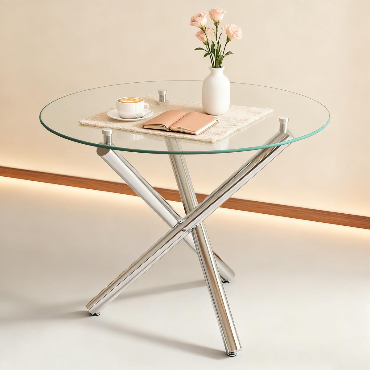 ESSTISCH in Silberfarben Küchentisch mit gehärteter Glasplatte und Metallbeinen, moderner Tisch, B80/T80/H76cm - Silberfarben, Glas/Metall (80/80/76cm) - STILVORA