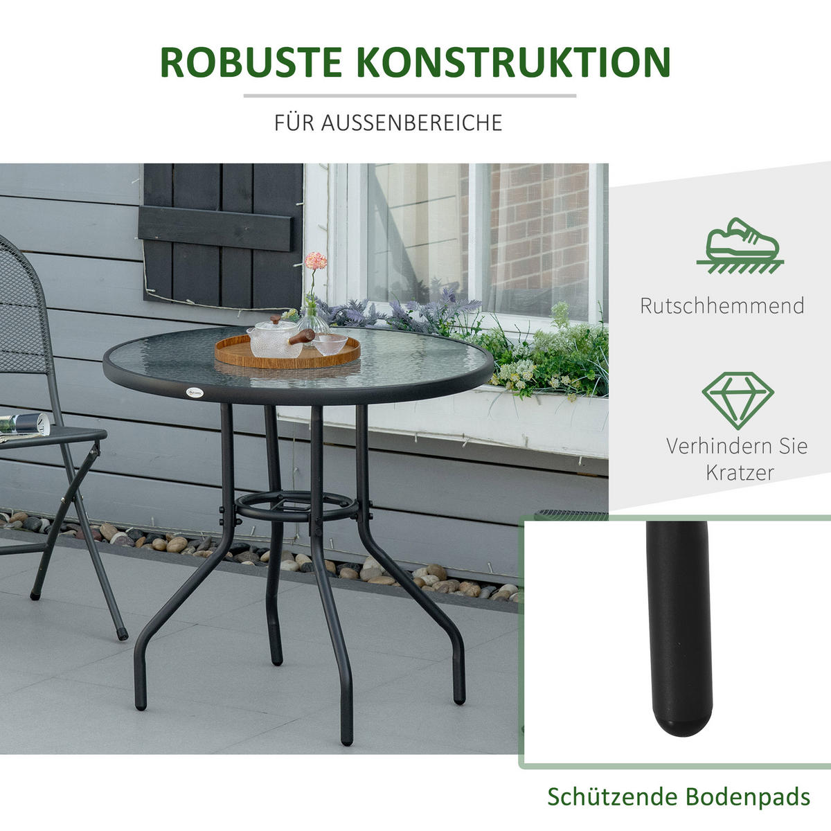 GARTENTISCH DE-07290 rund mit Schirmloch und Hartglas Schwarz - Schwarz, Glas/Metall (80/80/72cm) - ComfortXL