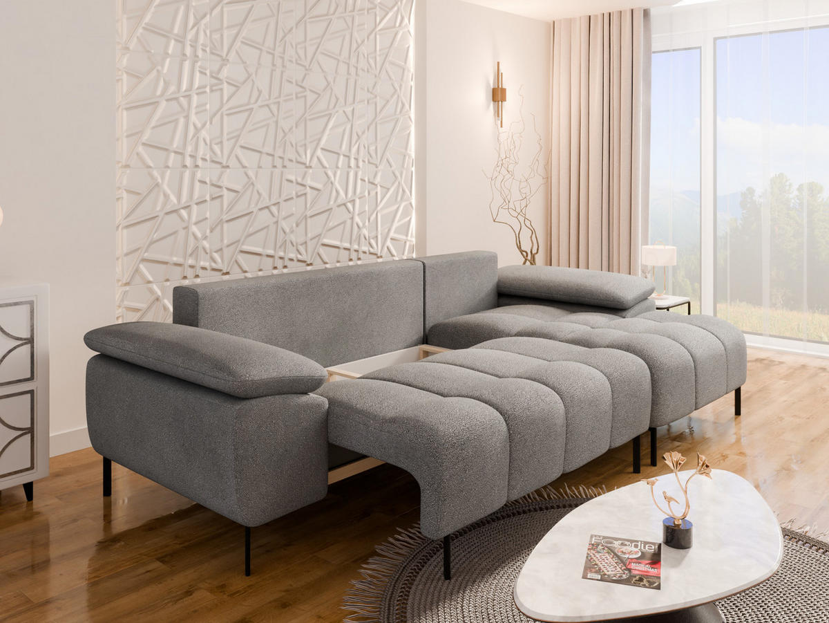 ECKSCHLAFSOFA 4-Sitzer DOLUS – Modernes Ecksofa mit Schlaffunktion Rechts montierbar, Grau - Grau, Holz (141/277cm) - Panda Möbel