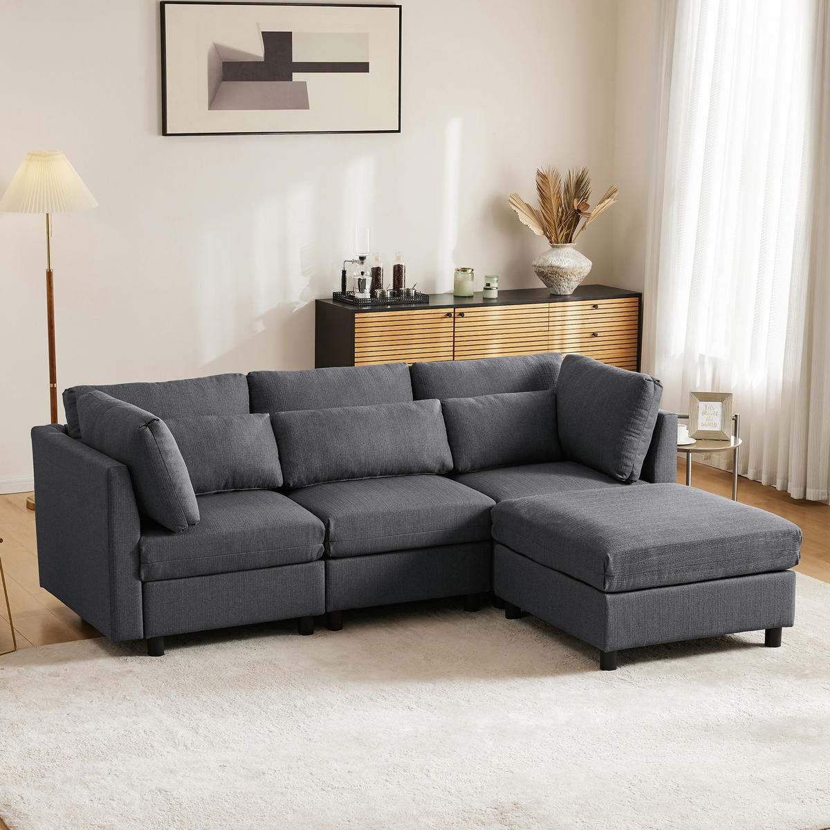 MODULSOFA Ecksofa L-Form mit Hocker Modern Grau 3-Sitzer - Grau, Holz (76/76cm) - FLIEKS