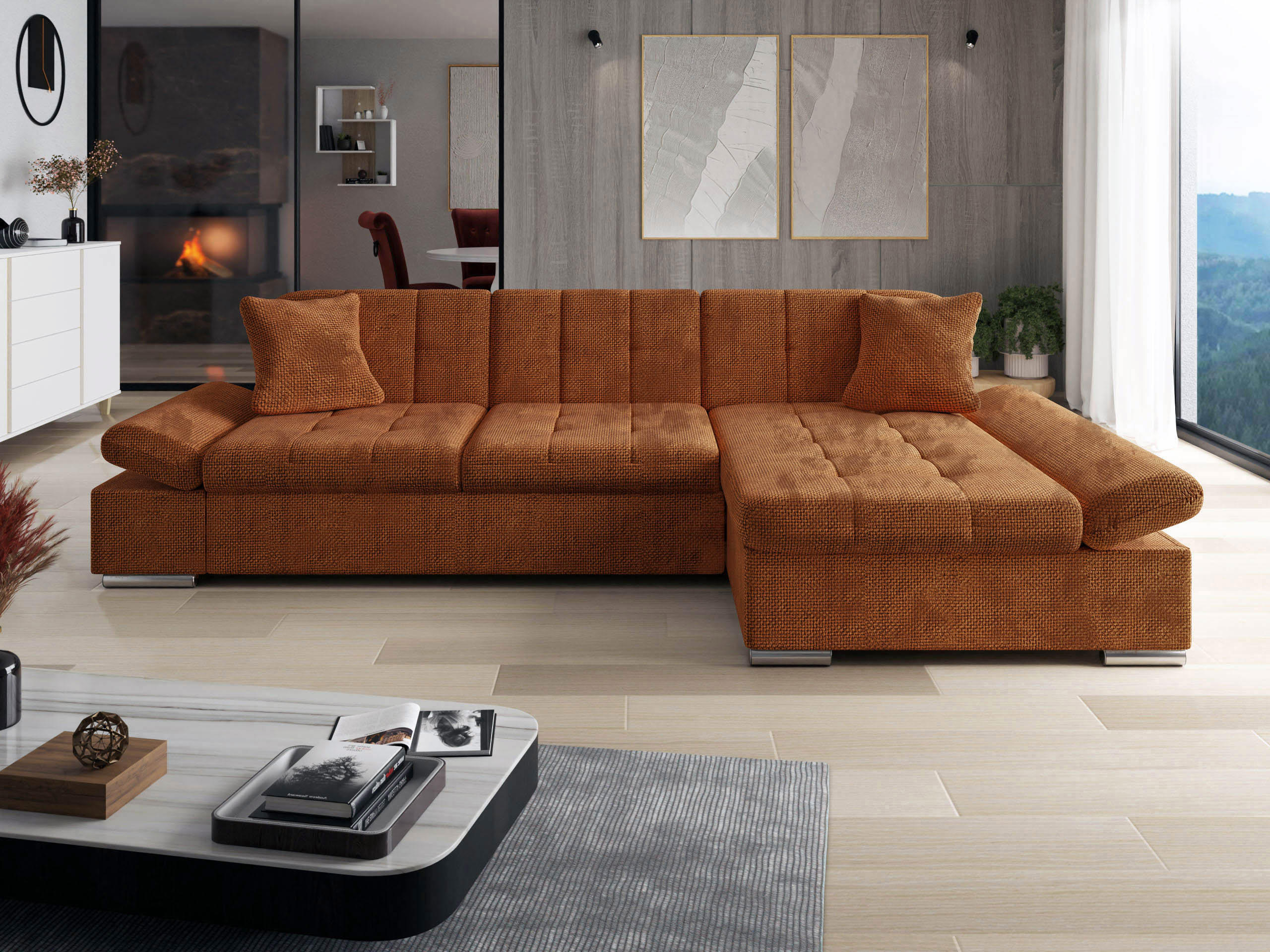 Thumbnail - Mirjan24 Ecksofa, Dunkelorange, Textil, 5-Sitzer, Ottomane rechts,Rechteckig, 278x161 cm, Wohnzimmer, Sofas & Couches, W...