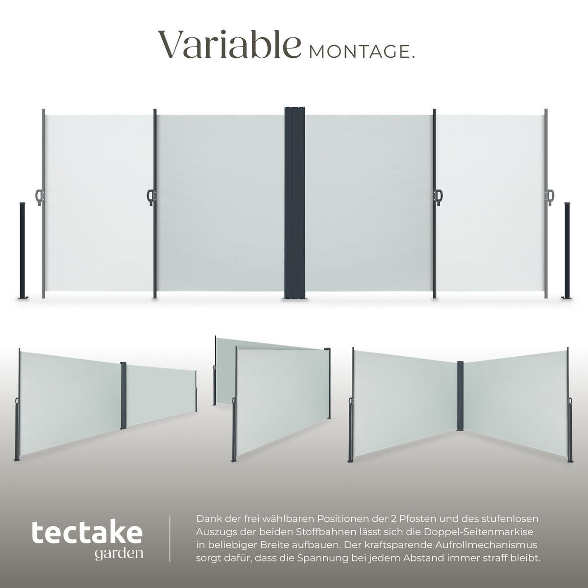 DOPPEL-SEITENMARKISE , ausziehbar, mit Aufrollmechanismus, grau - Grau, Textil (600/200/9cm) - tectake