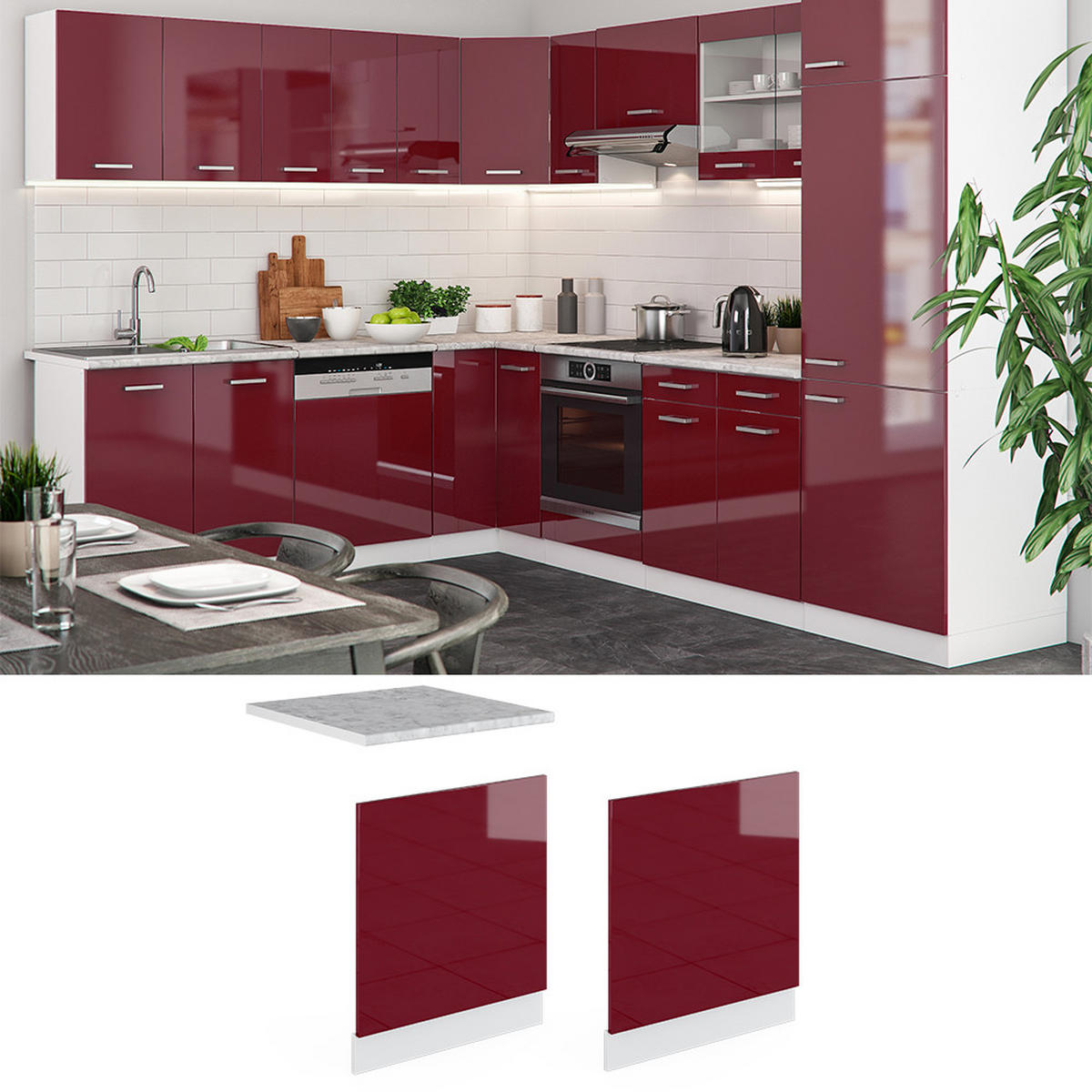 FRONTBLENDE R-Line Rot Hochglanz 60 cm, AP Marmor - Rot/Weiß, Holzwerkstoff (60/57.2/1.6cm) - Vicco