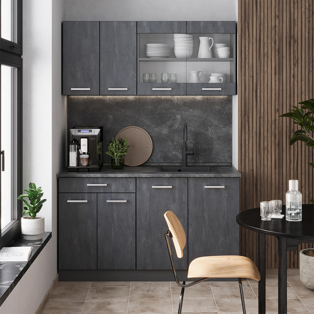 SINGLEKÜCHE R-Line Schwarz Beton/Anthrazit 140 cm ohne AP - Anthrazit/Schwarz, Holzwerkstoff (140/81.6/46cm) - Vicco