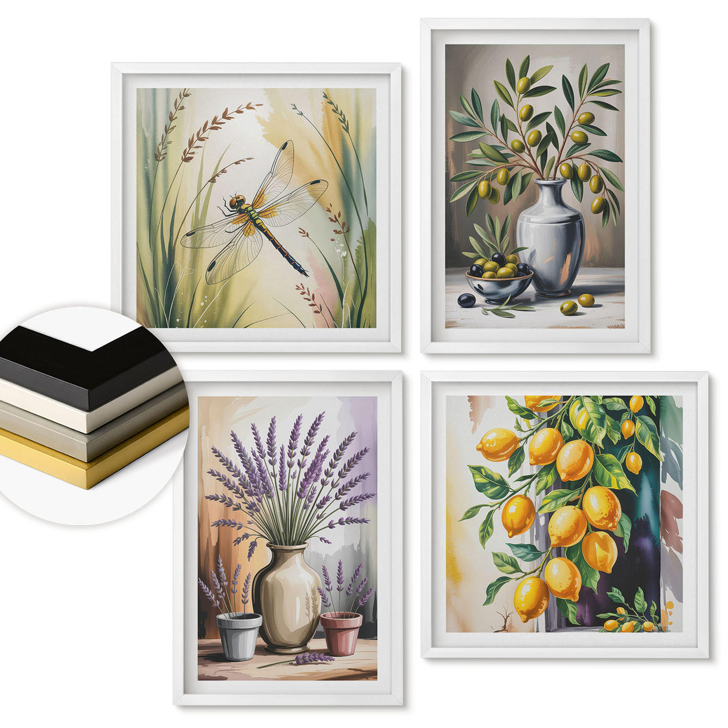 WANDBILDER 4er-Set - 50x50 cm & 40x60 cm Weißer Rahmen - Olivenblüten in Vasen Natur - Weiß, Kunststoff (50/50cm) - ArtPrintCave