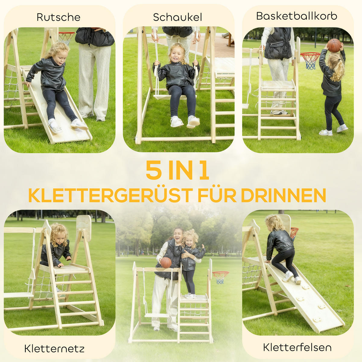 KLETTERGERÜST-MONTESSORI mit Rutsche Schaukel und Basketballkorb - Naturfarben, Holz (133/43/140cm) - AIYAPLAY