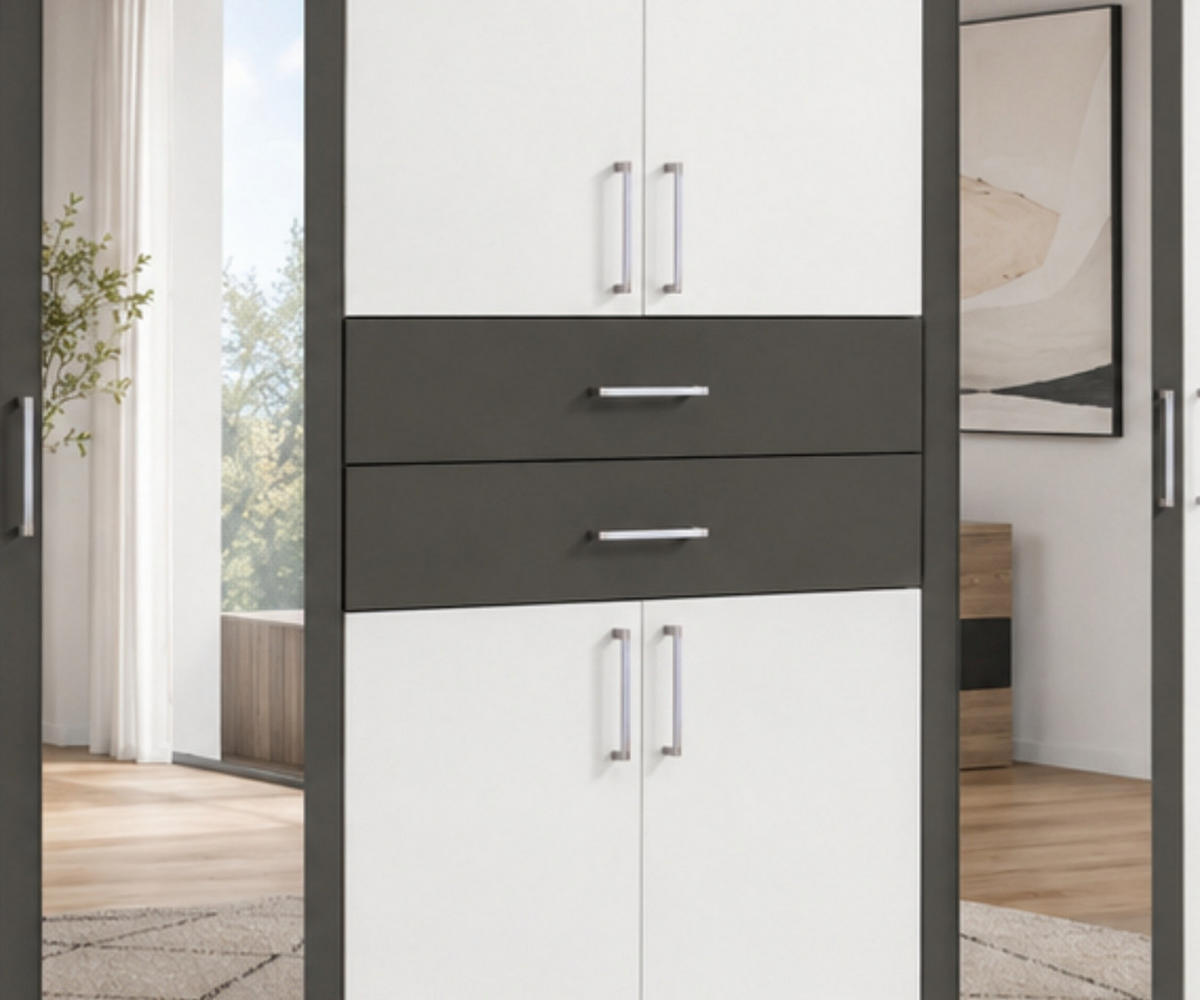 DREHTÜRENSCHRANK Kleiderschrank B270/H208/T58 cm mit Schubkästen & 2 Spiegeltüren, Weiß mit Absetzungen in Grafit / 22594 - Silberfarben/Graphitfarben, Holzwerkstoff/Kunststoff (270/208/58cm) - luma-home
