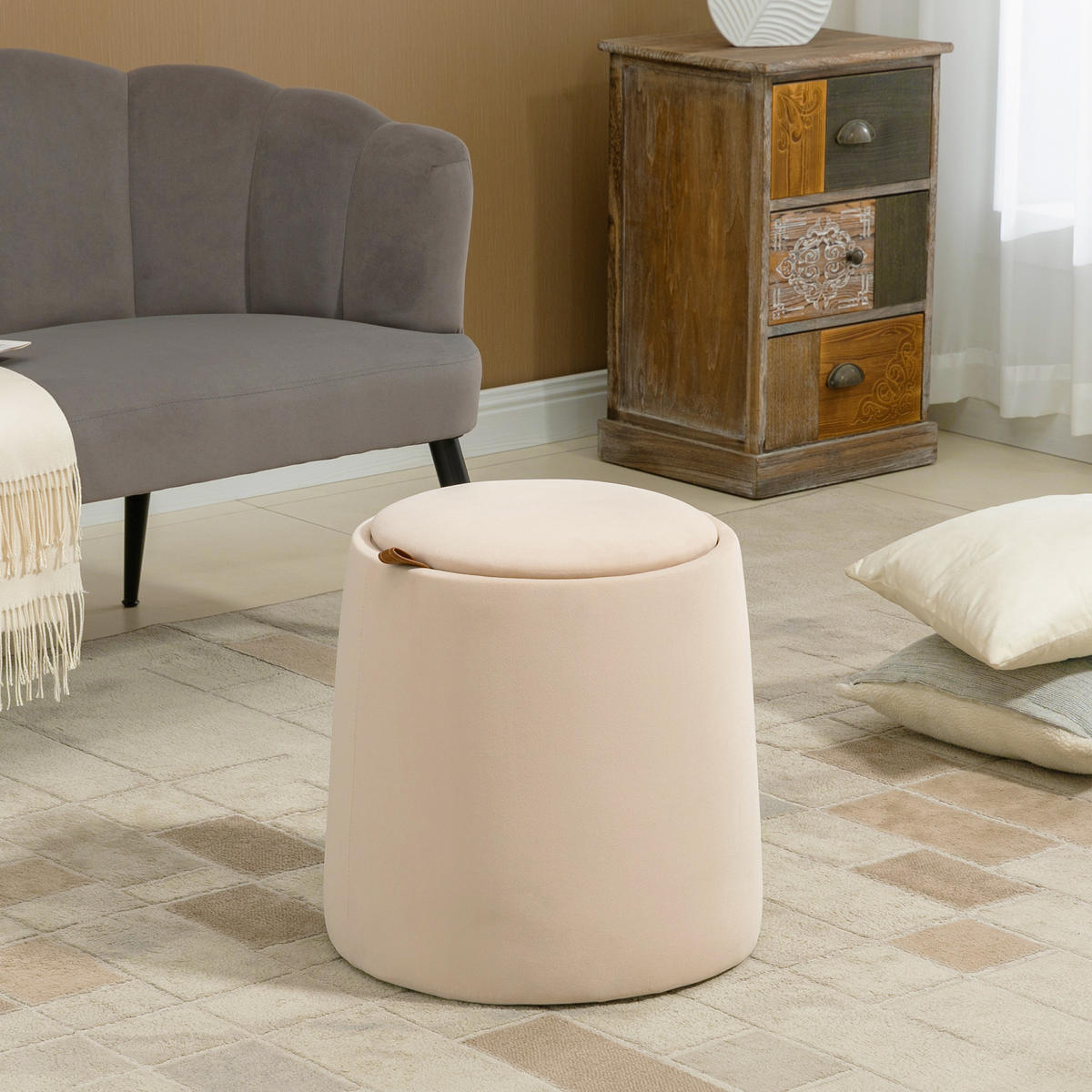 OTTOMANE, 2-in-1, Sitzhocker, Beige - Beige, Kunststoff (44/47.5/44cm) - HOMCOM