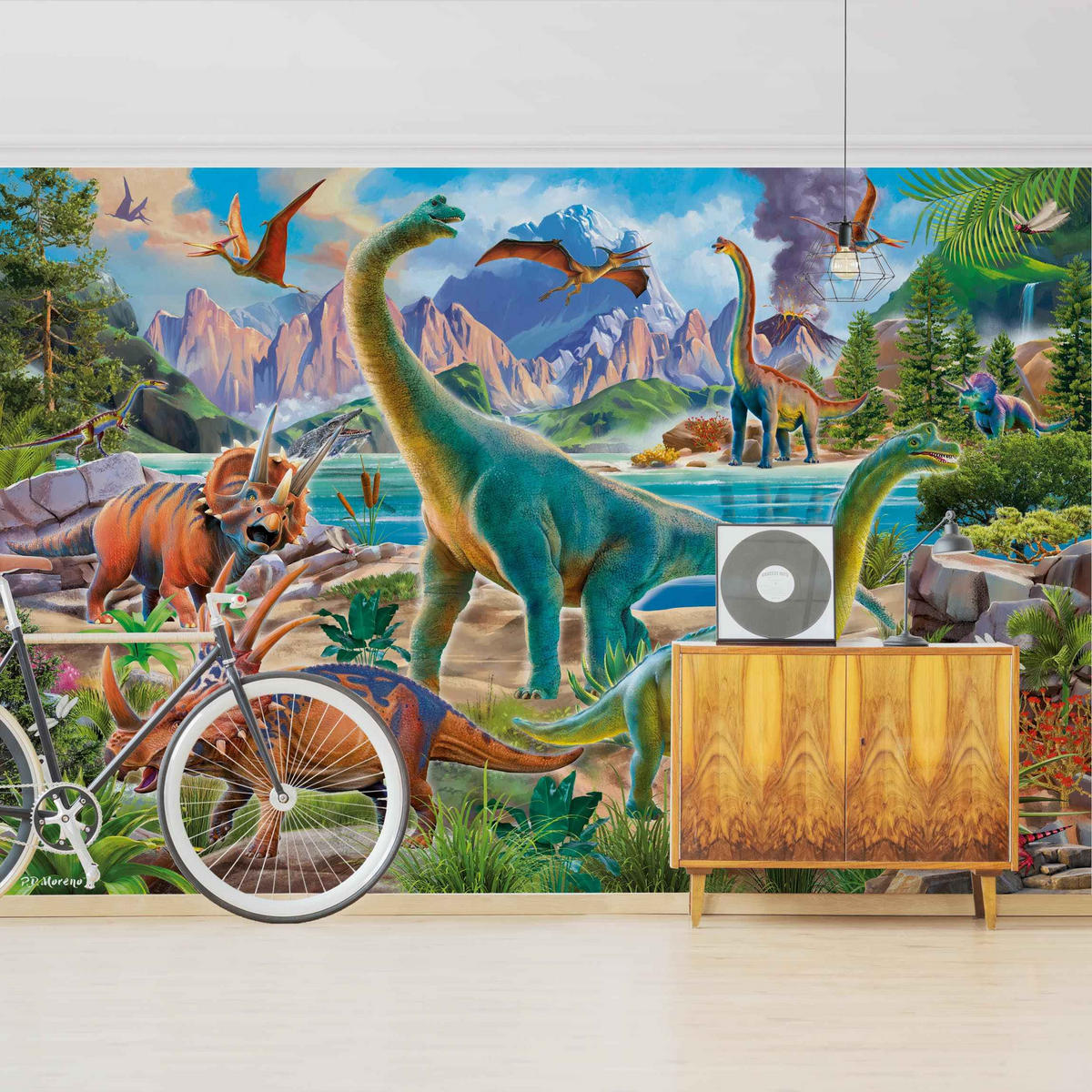 FOTOTAPETE Brachiosaurus und Tricaterops 336/225 cm - Multicolor, Papier (336/225cm) - Bilderwelten