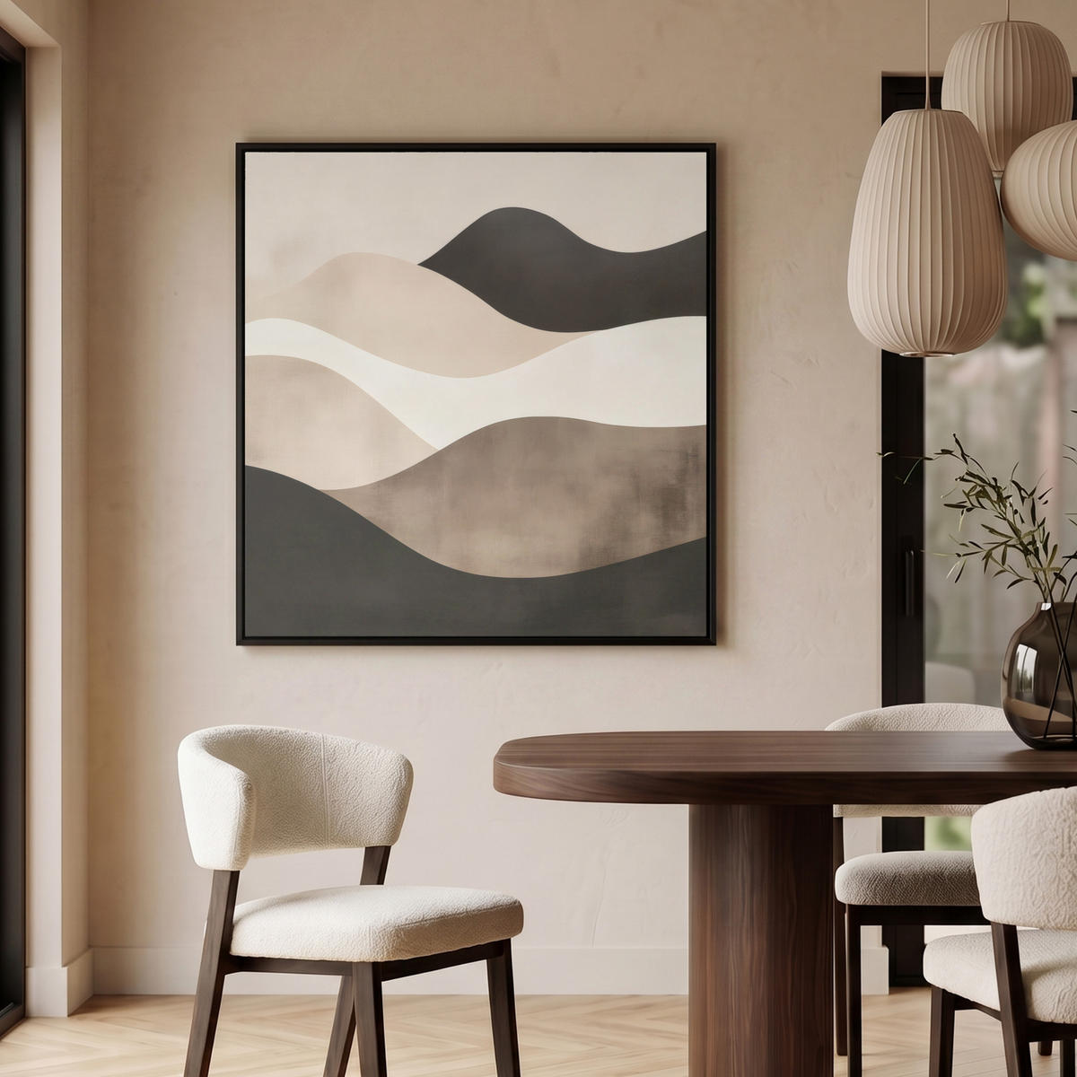 LEINWAND Bilder mit Rahmen - Abstrakt - Landschaft - Wellen - Cremefarben - 90x90 - Cappuccino, Textil (90/90cm) - MuchoWow