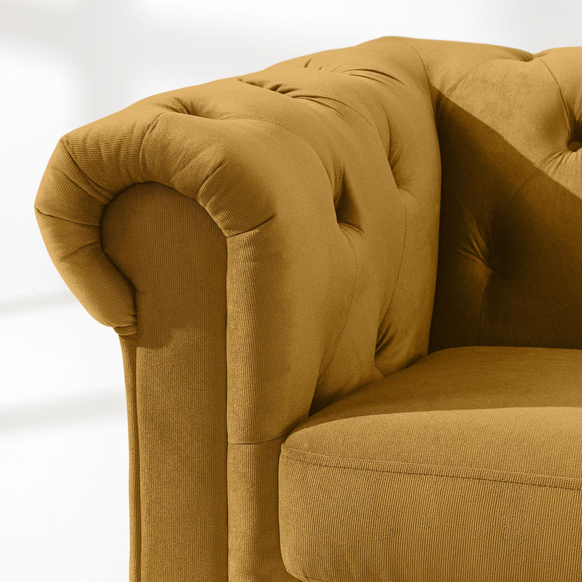 3-SITZER-SOFA GRAVO Chesterfield, Velours - Wengefarben/Gelb, Leder/Holz (202/72/95cm) - KONSIMO®