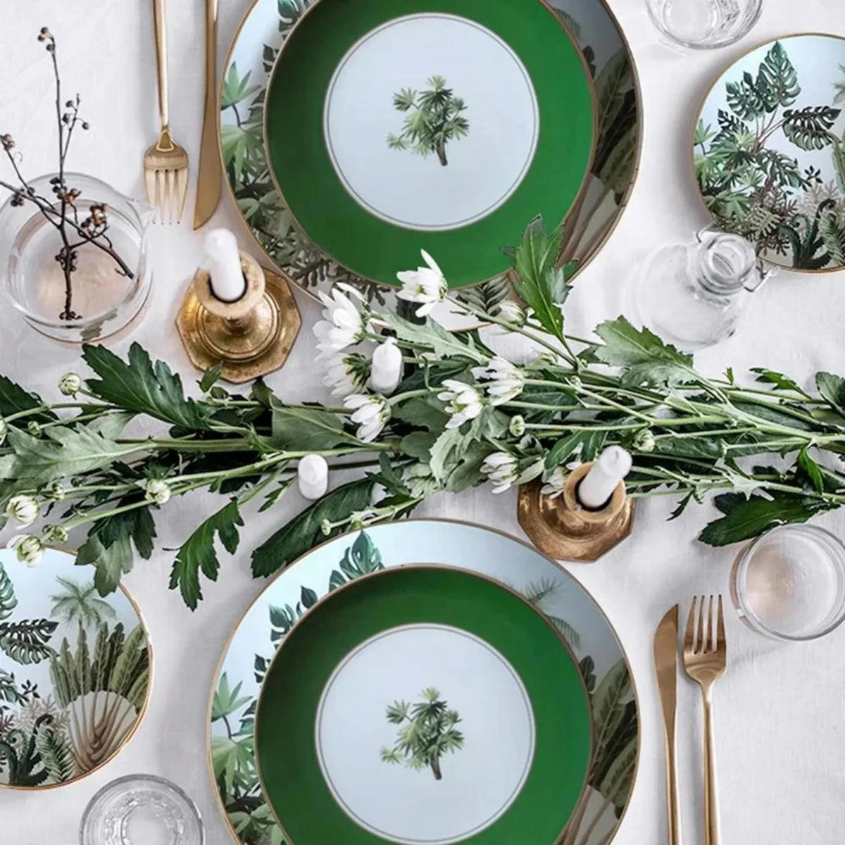 TELLERSET Tropisch Grün Bone China Grün Gold 4tlg Ø30 Ø27 Ø20 Ø16 cm - Weiß Hochglanz/Goldfarben, Keramik (30/2/2cm) - Quality Elegance