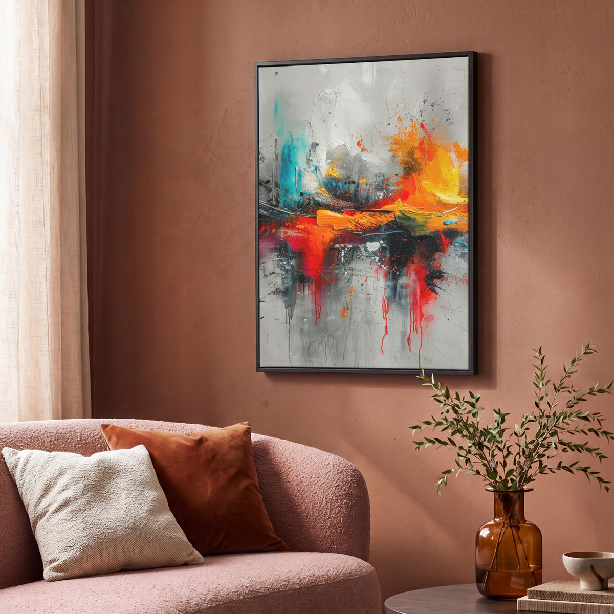 LEINWAND Bilder mit Rahmen - Moderne Kunst - Orange - Grau - Abstrakt - 70x100 - Hellgrau, Textil (70/100cm) - MuchoWow