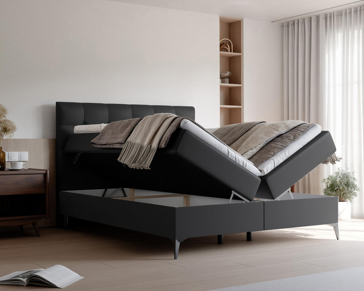BOXBETT BAILEY 180/200 cm mit Matratze und Topper, Schwarz - Schwarz, Holzwerkstoff/Textil (180/200cm) - Idohome