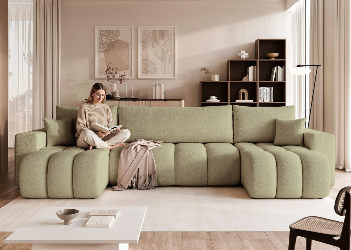 WOHNLANDSCHAFT Anabel Schlaffunktion - Grün, Holzwerkstoff/Textil (318/79/145cm) - Fun Möbel