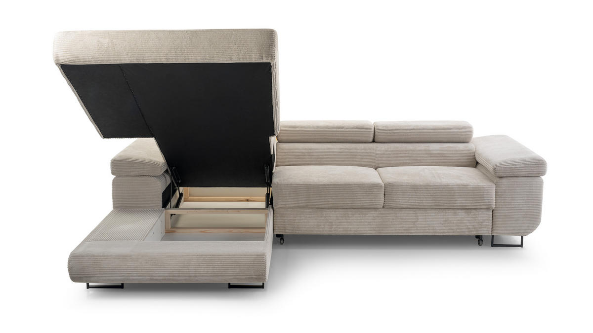 ECKSOFA GIULIO Beige Velours-Stoff mit Schlaffunktion - Beige, Holz (280/203cm) - MASSENO