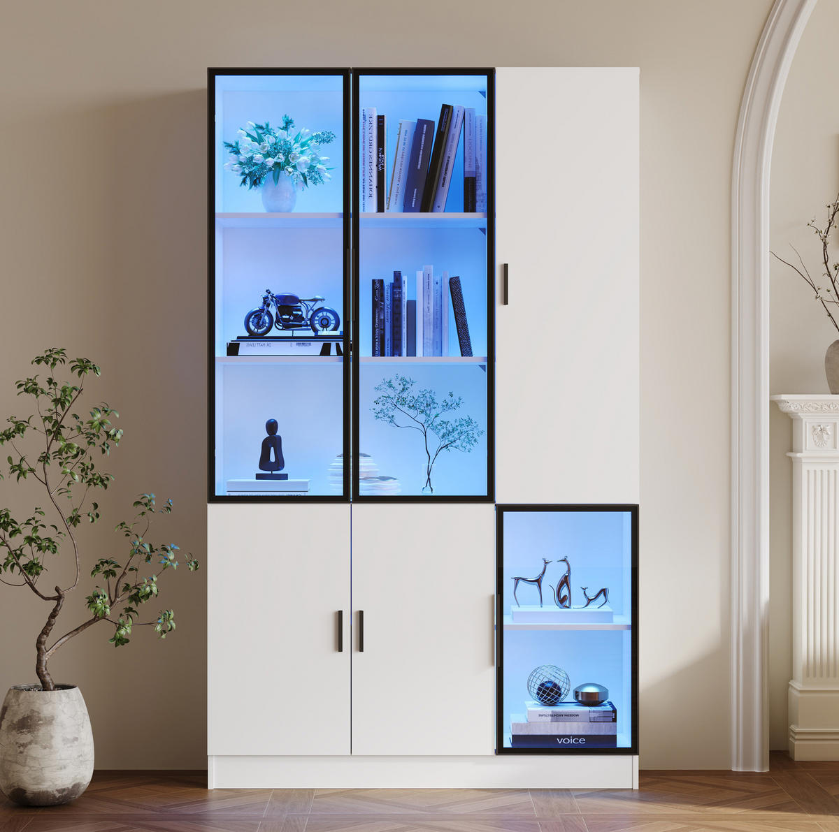 VITRÍNA z MDF, dřevotřísky a skla 120x35x200 cm bílá s LED osvětlením, 3 skleněnými dveřmi a 10 úložnými zónami - bílá, kompozitní dřevo (120/200/35cm) - Modfu