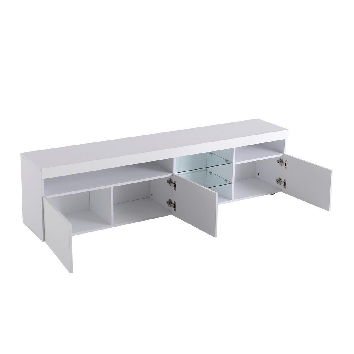 TV Lowboard LED, 3 Türen, 2 Glasregale, Weiß - Weiß, Holz (180/45/35cm)