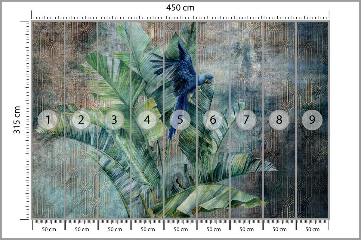 FOTOTAPETE für Wohnzimmer Retro Papuga Tropische Blätter 450x315 - Blau/Braun, Papier (450/315cm) - Muralo