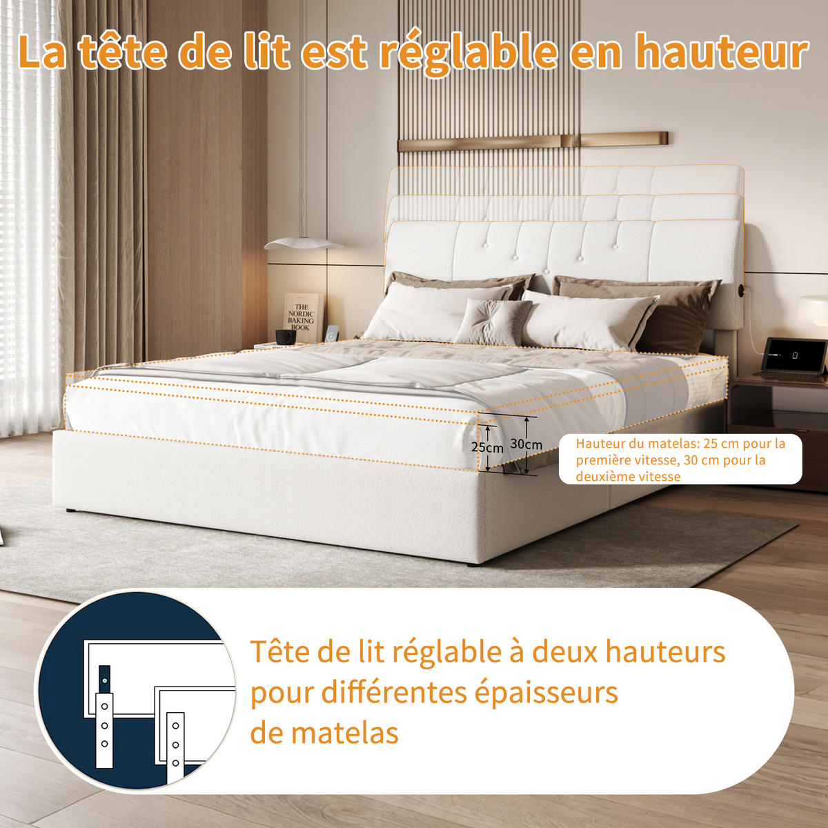 POLSTERBETT 160x200 cm USB Steckdose Hydraulik Stauraum Samt weiß - Beige, Holz (160/200cm) - LEBENLANG