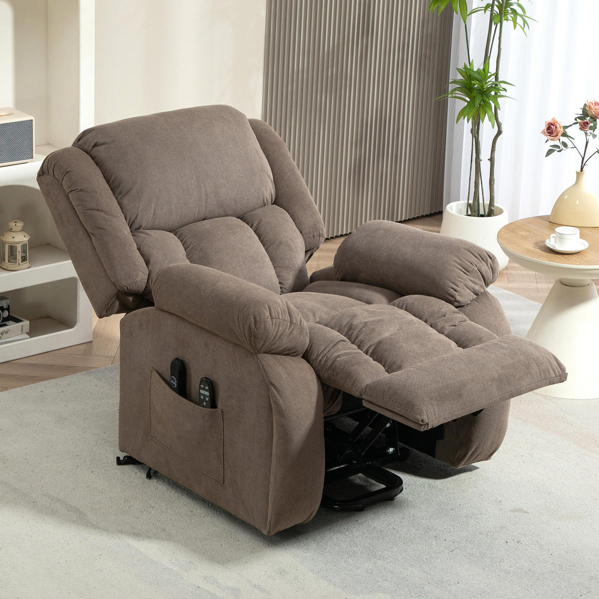 FERNSEHSESSEL mit Aufstehhilfe, Relaxsessel mit Liege-, Massagefunktion, Braun - Hellbraun/Schwarz, Textil/Metall (104/100/93cm) - HOMCOM