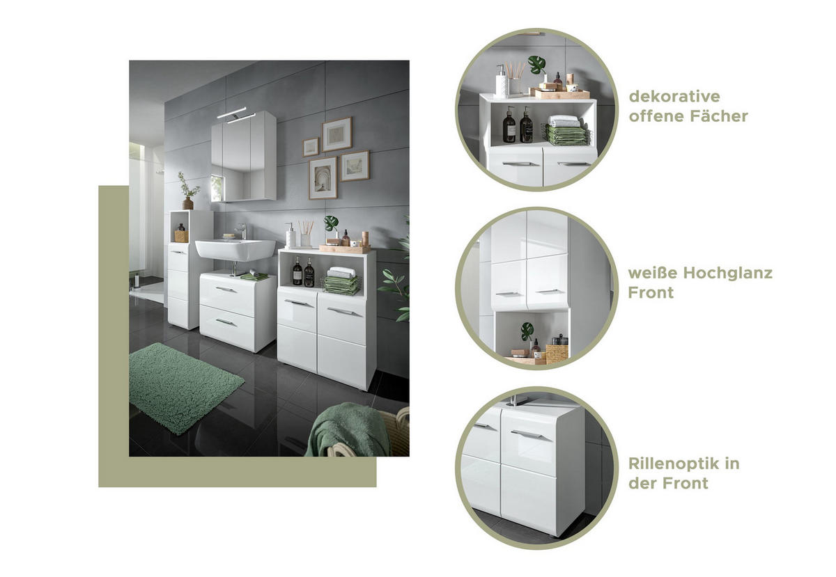 BADKOMBINATION 2 tlg. Ice Bad in weiß Nachbildung und weiß hochglanz B/H/T: 180x185x30 cm - Weiß, Holz (180/185/30cm)