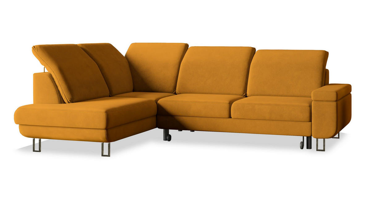 ECKSOFA LERMA L-S Gelb Velours-Stoff mit Schlaffunktion - Gelb, Holz (253/190cm) - MASSENO