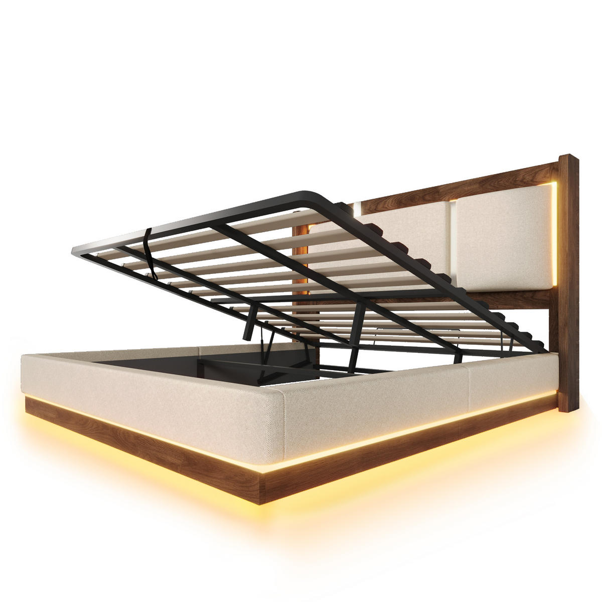 POLSTERBETT 180/200 cm Weiß mit LED und Bettkasten, ohne Matratze - Beige, Textil (180/200cm) - Oxeza