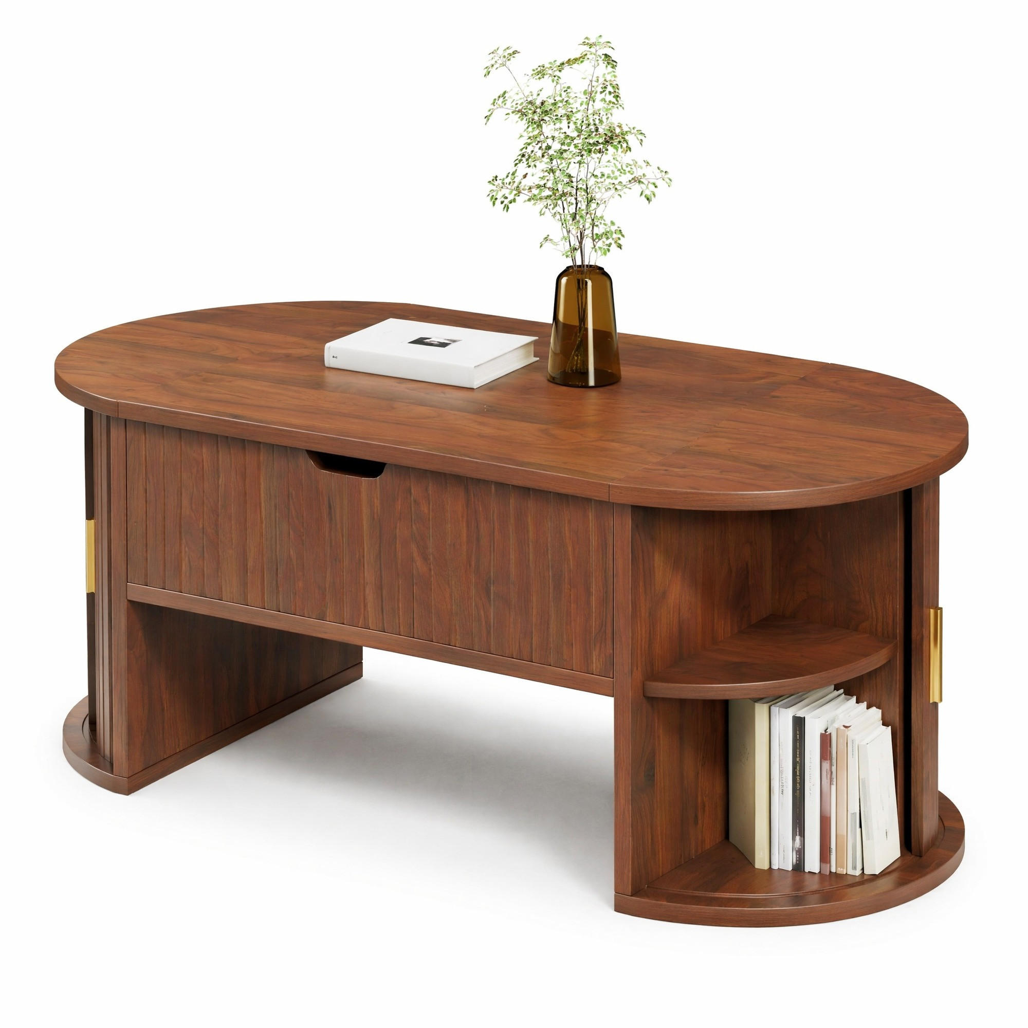 COUCHTISCH in Nussbaumfarben mit offenen Regalen und Stauraum für Wohnzimmer, B100/T50/H40.5cm - Nussbaumfarben, Holzwerkstoff/Metall (50/100/40.5cm) - STILVORA