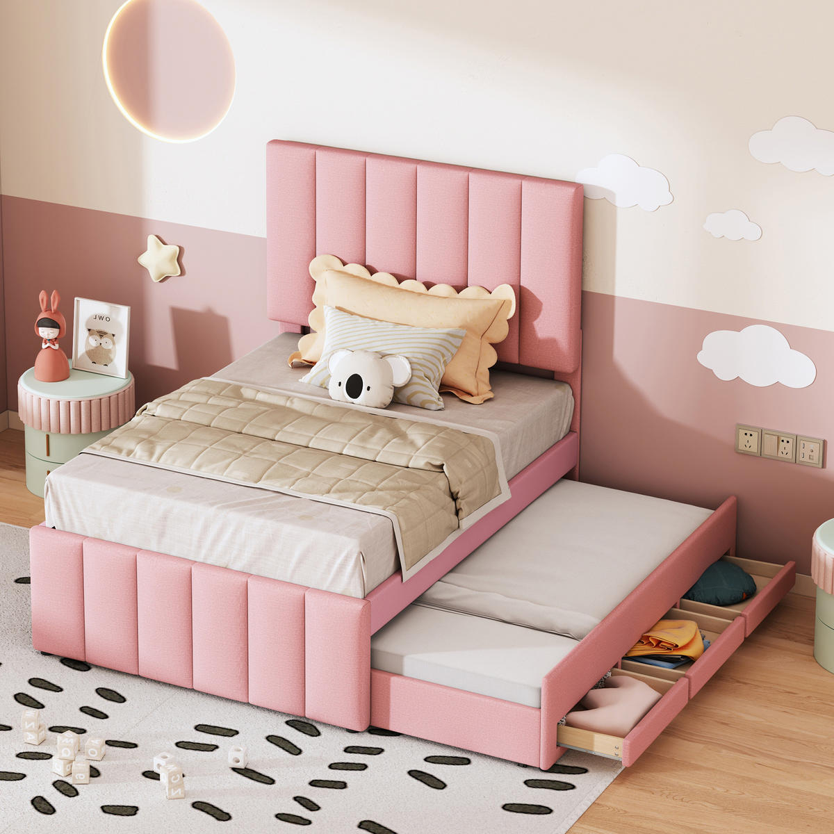 POLSTERBETT 90/200 cm Rosa mit Polsterbett und 3 Schubladen - Pink, Textil (90/200cm) - Flora Grace