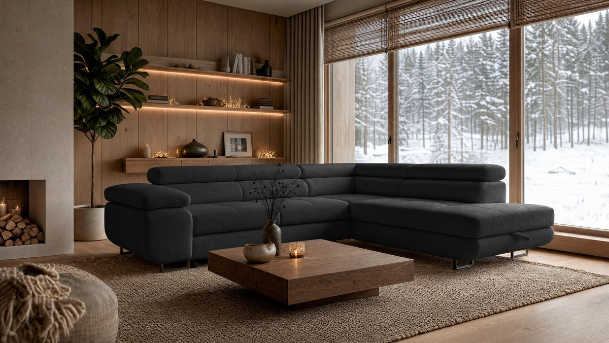 ECKSOFA Velmo mit Bettkasten und Schlaffunktion, verstellbaren Kopfstützen, in L-Form - Dunkelgrau, Textil (275/203cm)