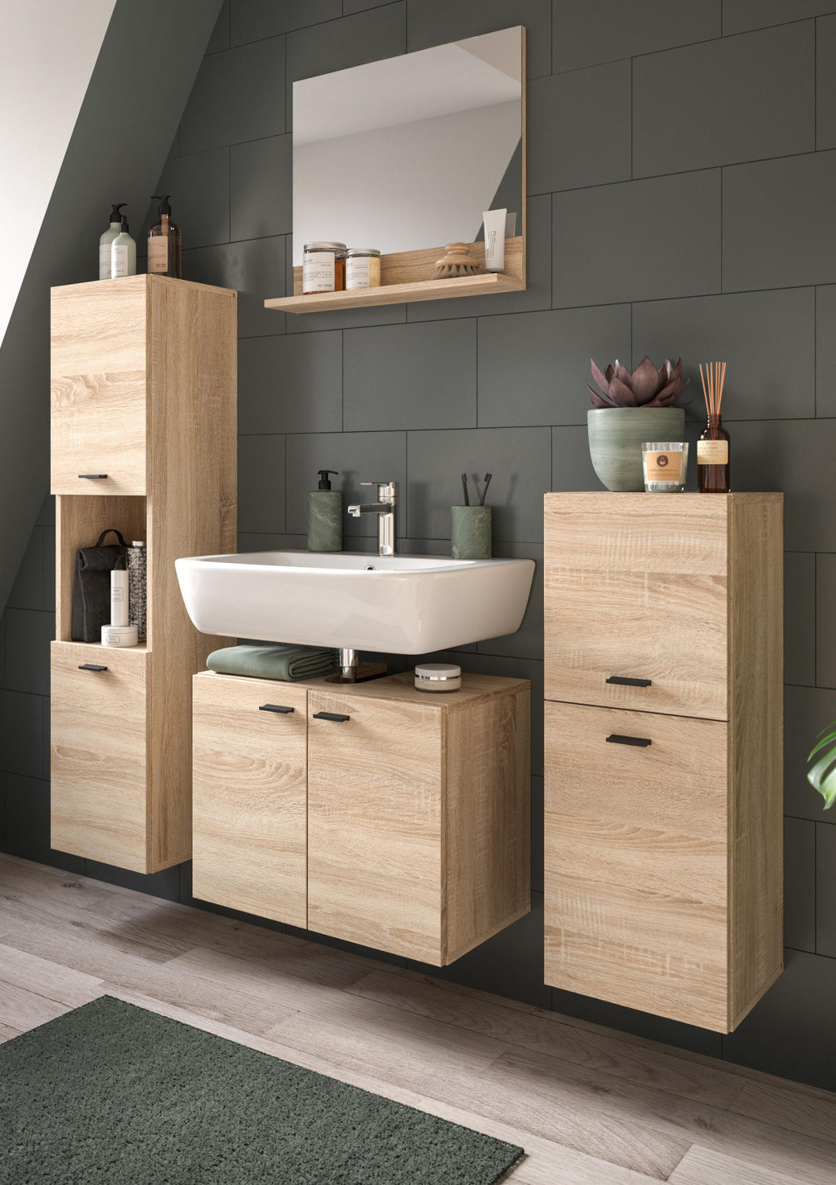 BADMÖBEL-SET Eiche 4-teilig 140 cm, Komplettset hängend oder stehend - Eichefarben, Glas/Holzwerkstoff (137/186/33cm) - Inn.Furn