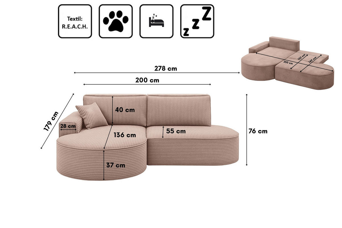 ECKSOFA Modena Pro - Komfort Und Stil Stoff Poso Rosa Links - Rosa, Holz (179/278cm) - Kaiser Möbel