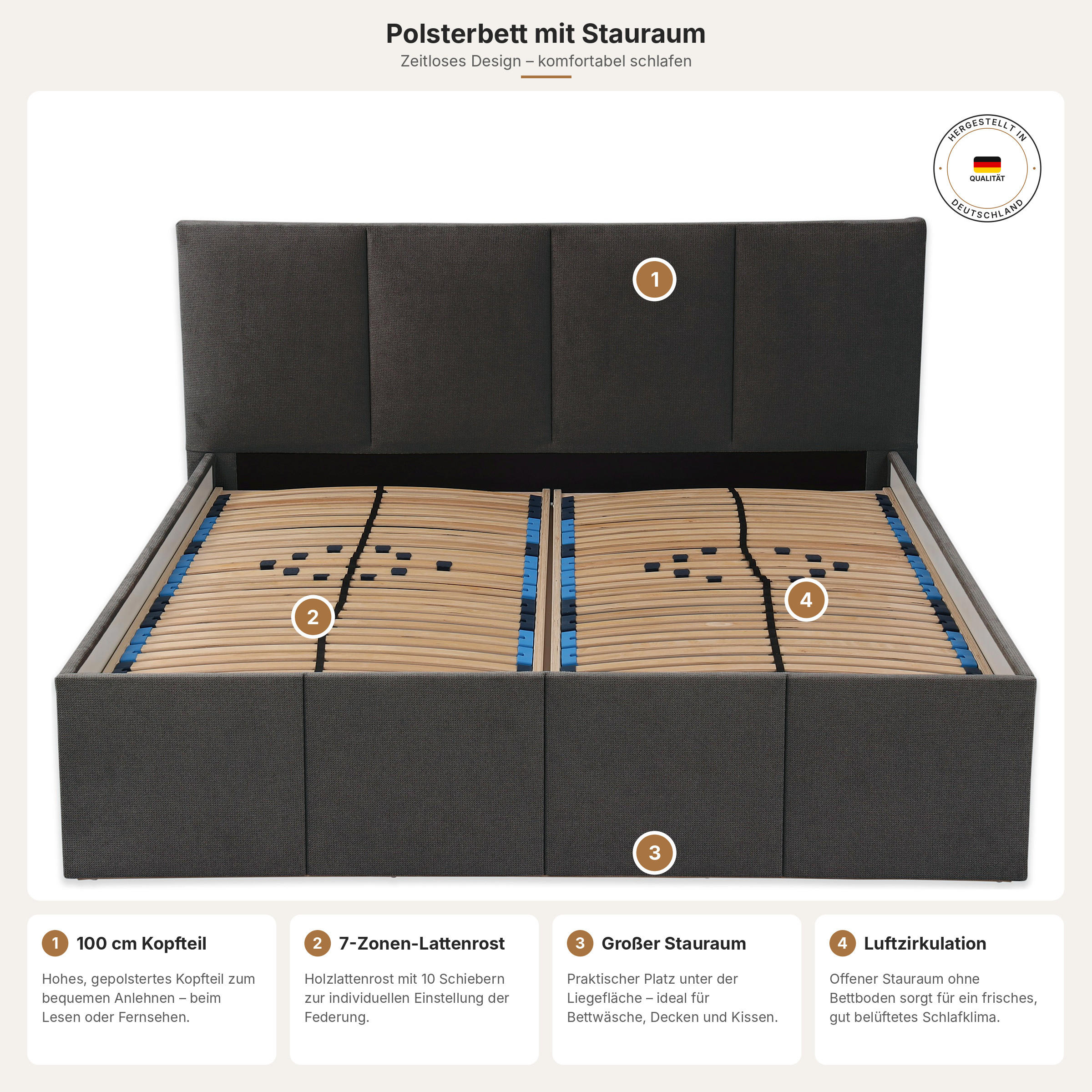 POLSTERBETT Dalas Anthrazit 200 x 200 x 40 cm Stauraum Mit hochwertiger Matratze H3 (bis 120 kg) und Lattenrost - Anthrazit, Holz (200/200cm) - Halmon Schlafkomfort Betten 
