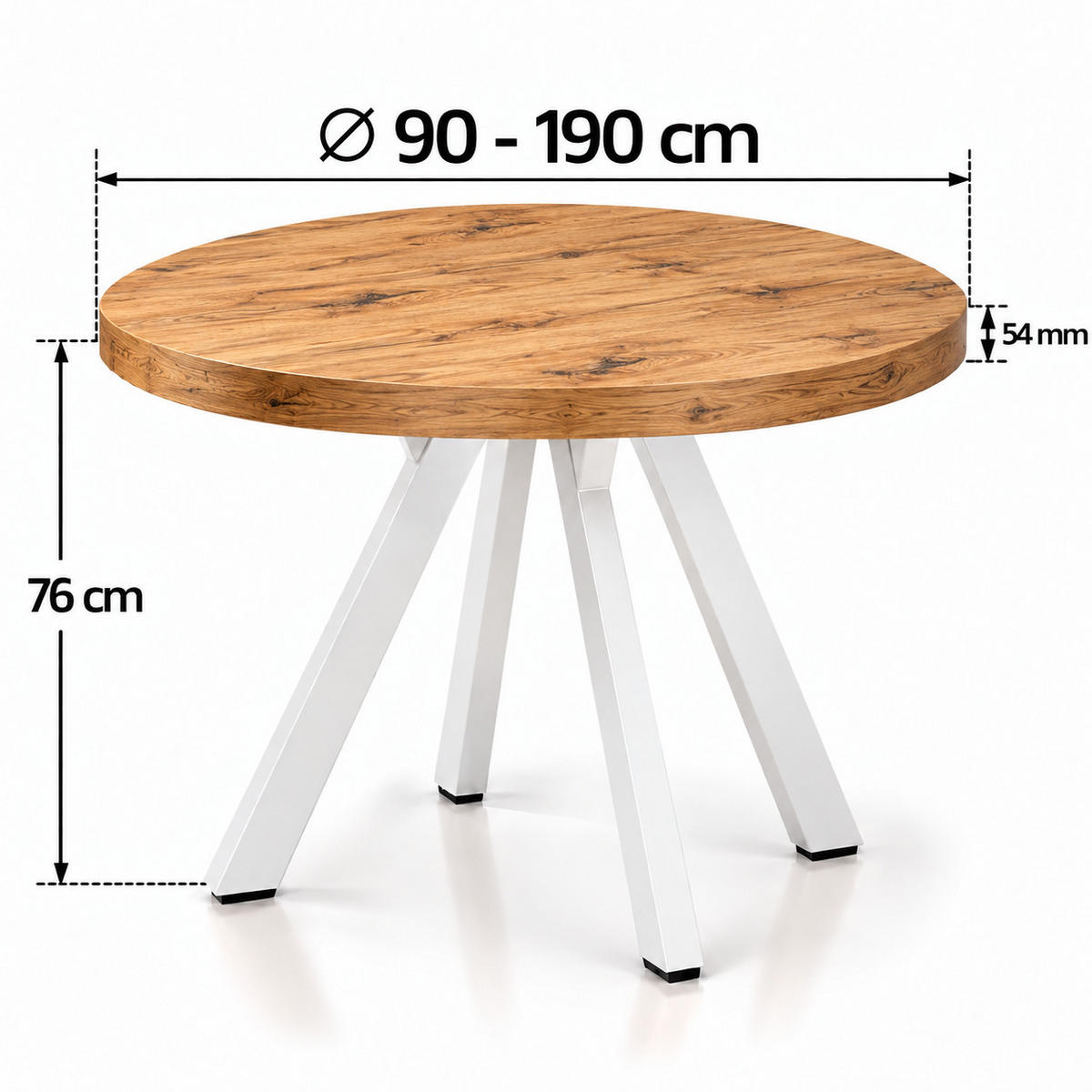 ESSTISCH rund ausziehbar 90/190/76 cm, Eiche Craft, 54 cm Tischplatte + Y Metallgestell Weiß - Eichefarben/Weiß, Holzwerkstoff/Metall (90/190/76cm) - Damale Möbel