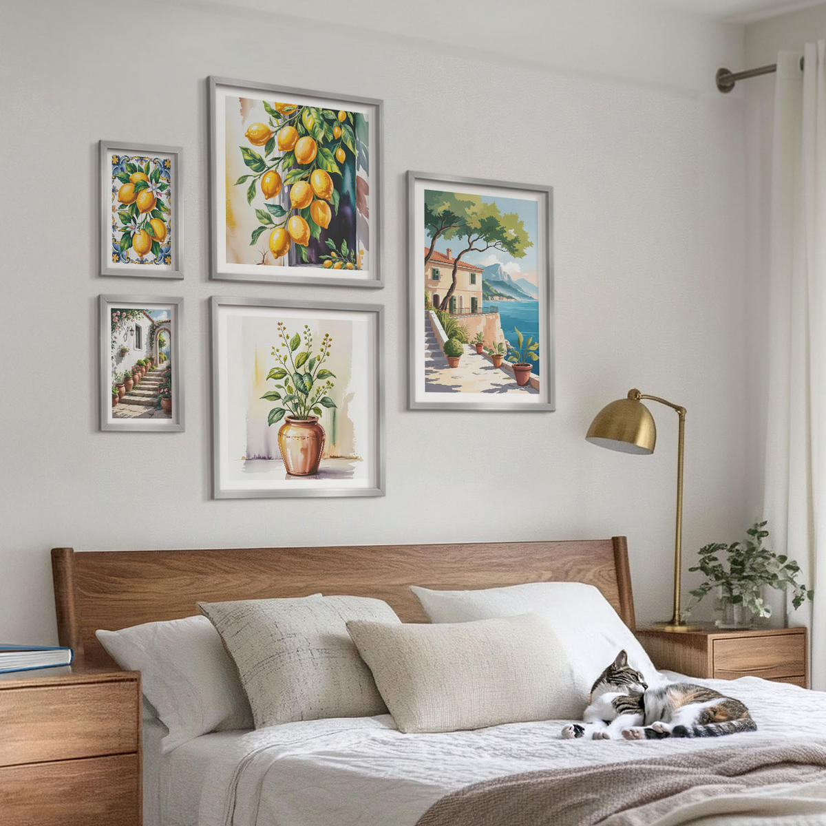 WANDBILDER 5er Set - 50x50 cm & 20x30 cm & 40x60 cm Silberner Rahmen - Zitrusbaum im Fenster am Meer - Silberfarben, Kunststoff (40/60cm) - ArtPrintCave