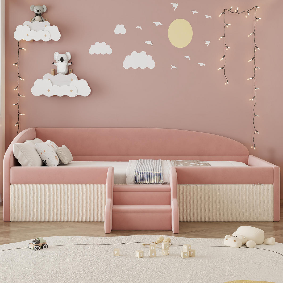 KINDERBETT 90/190 cm mit Stufen und Schutzgitter, Samtbezug, Rosa/Cremeweiß - Pink, Textil (90/190cm) - Redom