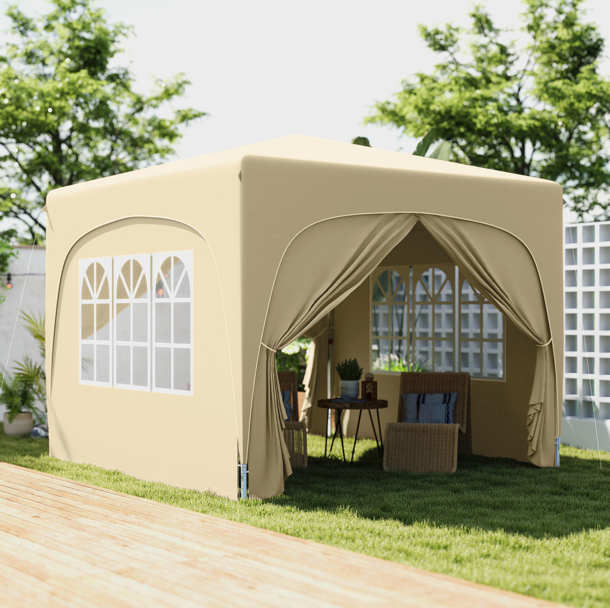 FALTPAVILLON 300/300/273 cm mit 4 Seitenteilen, UV-Schutz und höhenverstellbarem Gestell, Sand - Beige, Textil (300/273/300cm) - Redom