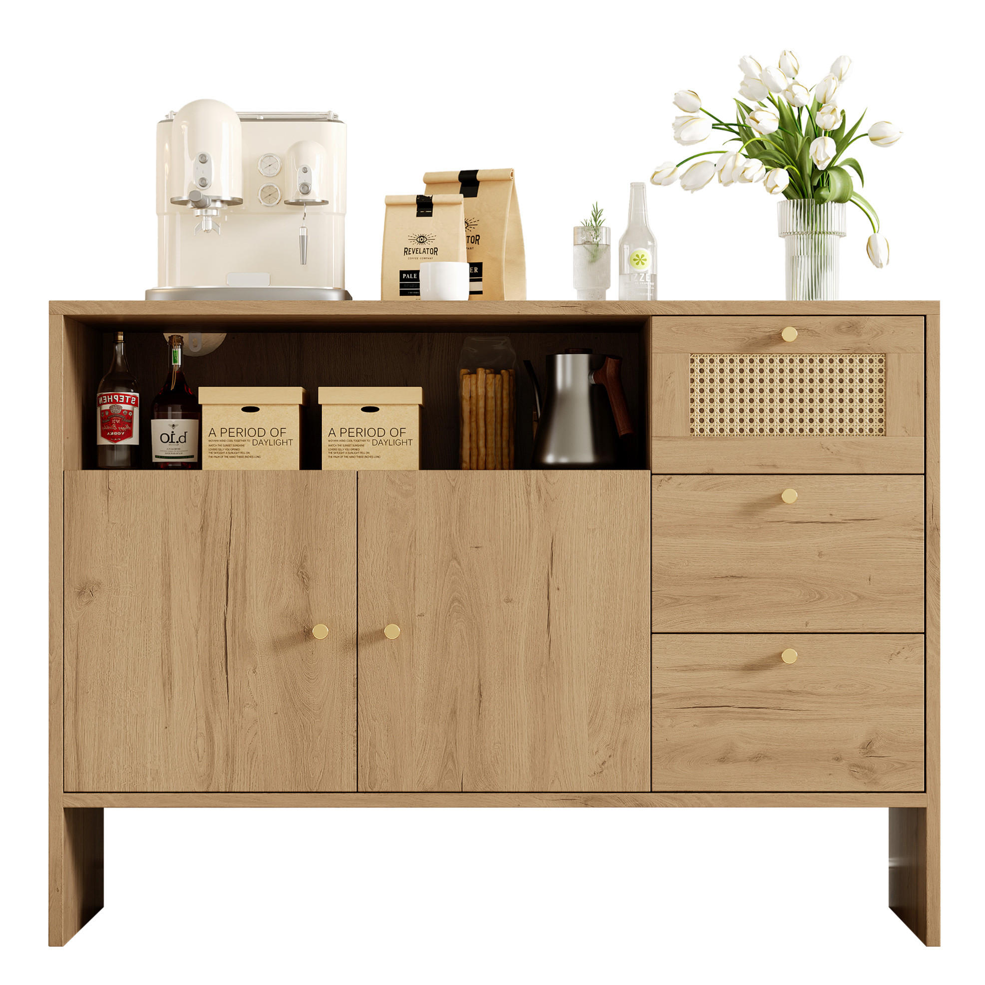 SIDEBOARD 105/40/76 cm mit 2 Türen, 3 Schubladen und offenem Fach in Rattan-Optik aus Spanplatte, Natur - Naturfarben, Holzwerkstoff (105/76/40cm) - Redom