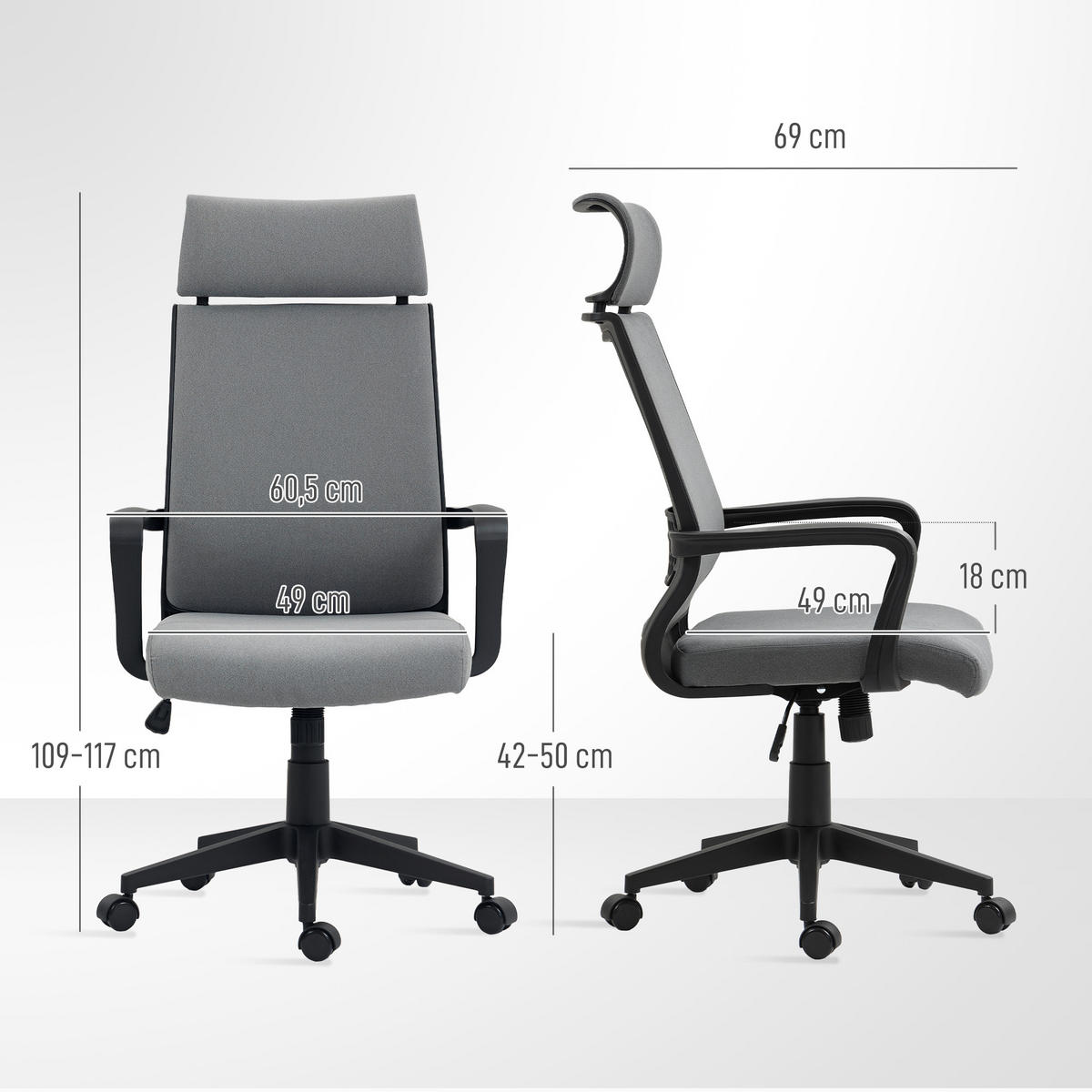 BÜROSTUHL, Ergonomischer Schreibtischstuhl mit Armlehne, Kopfstütze, Dunkelgrau - Dunkelgrau, Kunststoff (60.5/117/69cm) - HOMCOM